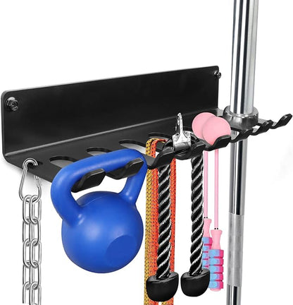 Gym Rack Organizer, Home Gym Accessories Hanger, Wall Mount Hooks for Olympic Barbells, Row Handles, Bats or Tools (E-Book Instruction Included)