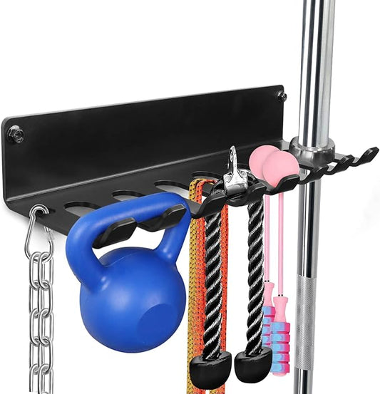 Gym Rack Organizer, Home Gym Accessories Hanger, Wall Mount Hooks for Olympic Barbells, Row Handles, Bats or Tools (E-Book Instruction Included)