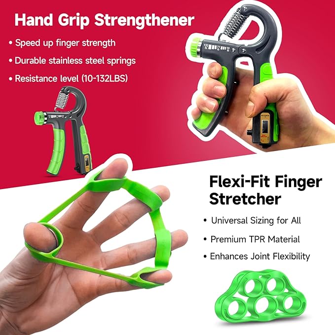 FitBeast Hand Grip Strengthener Workout Kit (5 Pack), 2 Forearm Grip Adjustable Resistance Hand Gripper, Finger Stretcher, Grip Ring & Stress Relief Grip Ball for Athletes