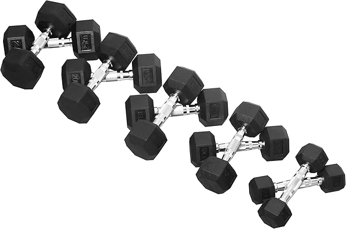 Signature Fitness Premium Rubber Coated Hex Dumbbell Weight Set, Multiple Packages