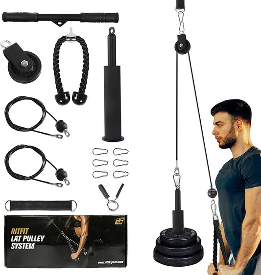 RitFit LAT and Lift Pulley System Pro with Dual Cables and Upgraded Loading Pin, Home and Garage Gym Squat Rack Accessories for Tricep Pull Down,Bicep Curl,Back,Shoulder-Strength Workout