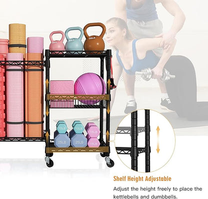 S2 Home Gym Storage, Rolling Yoga Mat Storage and Organizer, Sport Equipment Rack for Dumbbells, Kettlebells, Foam Rollers, Resistance Bands, 11.8" D x 36" W x 32.5" H, Black