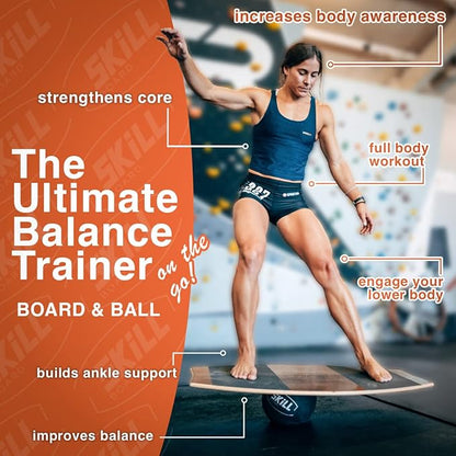 The Skill Board Beginner to Pro - Wooden Balance Board for Adults Bundle - Incl. Balance Trainer for All Sports, Gym, Standing Desk, or Yard Games, 2x Fitness Balls, Ball Pump and more