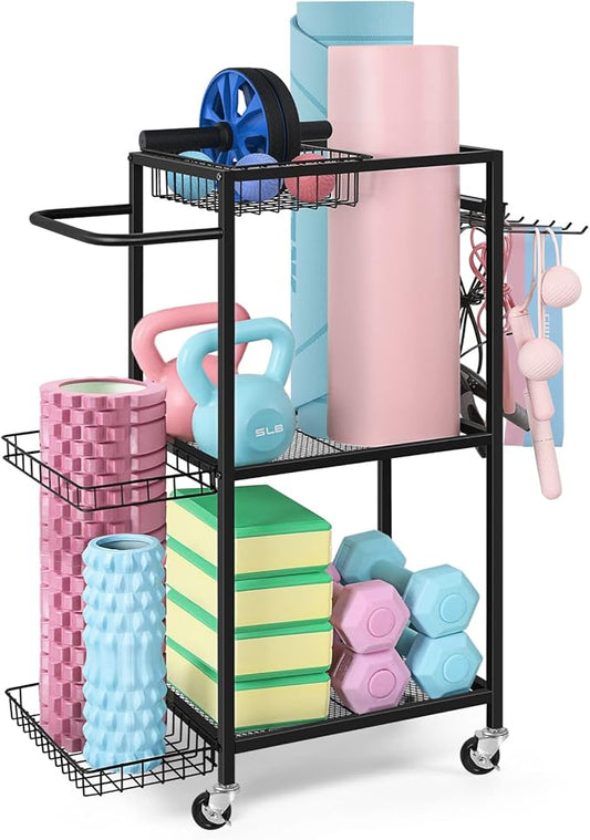 LIANTRAL Dumbbell Rack, Yoga Mat Storage Rack, Workout Equipment Storage Rack for Dumbbells Kettlebells Yoga Mat and Balls, Home Gym Storage Organizer with Hooks and Wheels