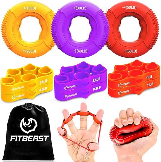 FitBeast Grip Strength Trainer, Finger Exerciser, Forearm Strengthener 9-Piece Kit, Hand Grip Strengthener Targeted Strength, Relief & Recovery