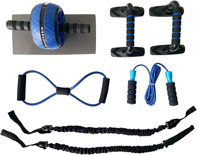 Ab Roller wheel with with Jump Rope, Push-Up Bar, 8-shaped Resistance Band,Premium Resistance Bands and Knee Mat 6 in 1, Abs Workout Equipment for Men Women Equipment Home Gym