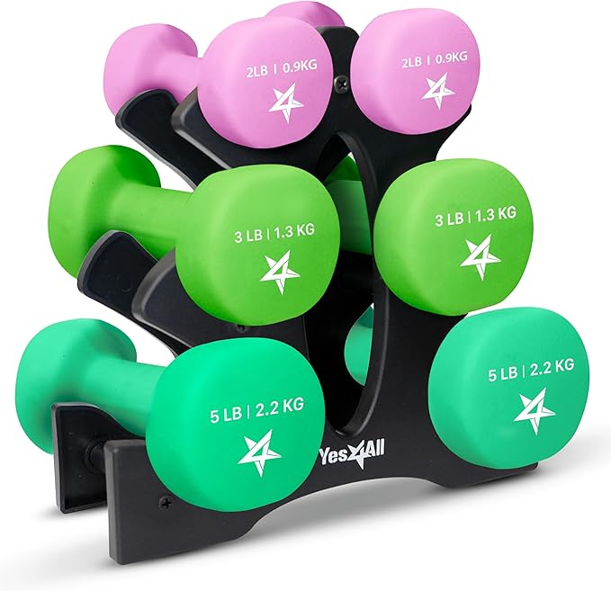 Yes4All Neoprene Coated Dumbbell Hand Weight Sets - Multiple Weight Options with Rack, Anti-roll, Anti-Slip, Hexagon Shape