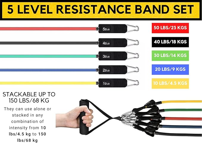 Home Spirit, 12 Minute Toning Gym Resistance Band, Workout Bands, Fitness Bands and Elastic Band Set, Gym Accessories for Women and Men, Stackable up to 150lbs Strength Training Equipment for Home Gym