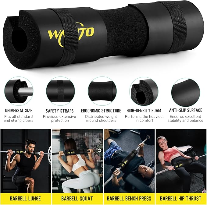 WALITO 8Pcs Barbell Pad Set for Hip Thrust - Squat Pad for Barbell Lunges, Bench Press, with 2 Gym Ankle Straps, 3 Resistance Bands for Working Out, 2 Lifting Strap, Carry Bag