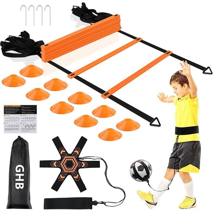 GHB Pro Agility Ladder Soccer Kick Trainer Set 20ft 12 Rung10 Cones and 4 Stakes Speed Agility Football Training Equipment with Carrying Bag