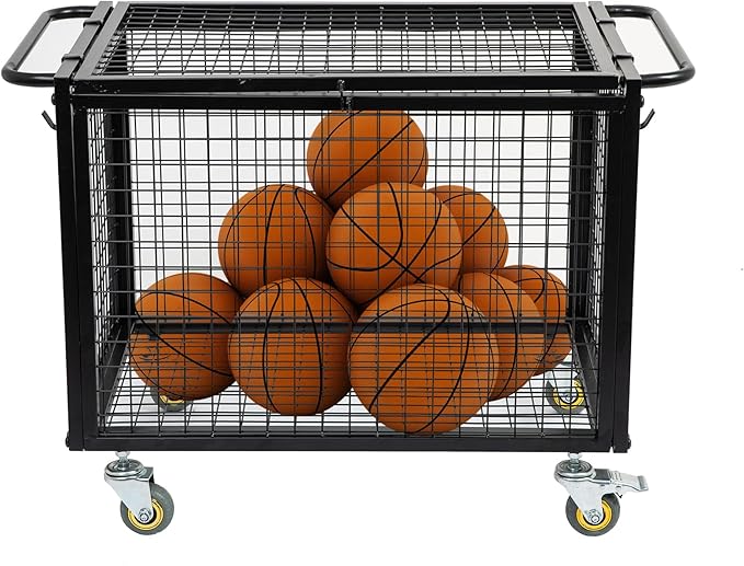 Metal Basketball Rolling Cart Sports Equipment Storage Wheel Basket Matte Black Athletic Lockable Cage with Raised Handle Gym Home Garage School Court Field Football Soccer Ball Volleyball Bat