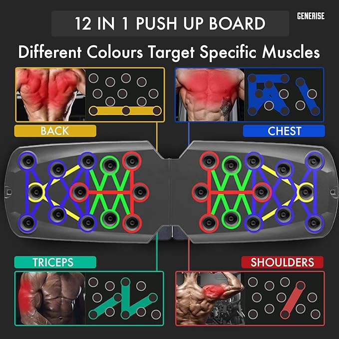 Push Up Board 12 in 1 Portable Folding Exercise Workout Station to Target Chest, Back, Shoulders & Triceps - Includes Handles, Resistance Bands, Non Slip Stickers & Storage Bag