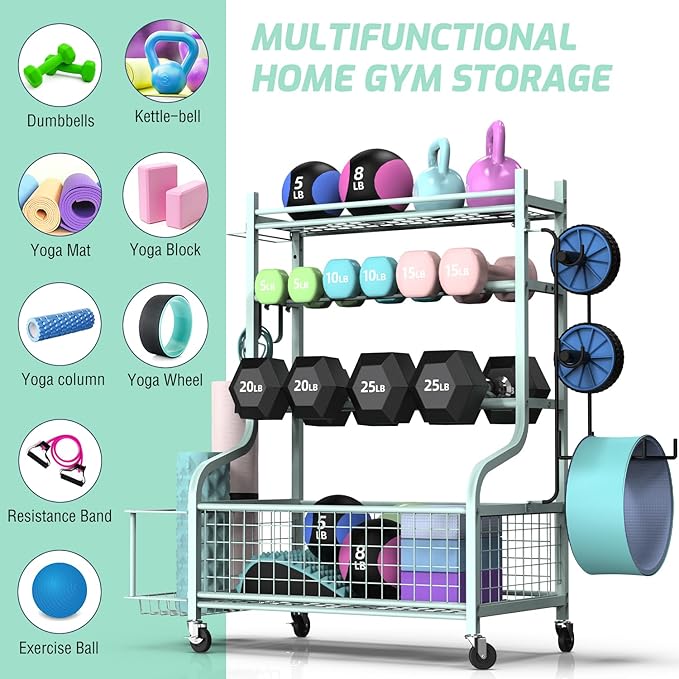 PLKOW Dumbbell Rack, Weight Rack for Dumbbells, Home Gym Storage for Dumbbells Kettlebells Yoga Mat and Balls, All in One Workout Storage with Wheels and Hooks, Powder Coated Finish Steel