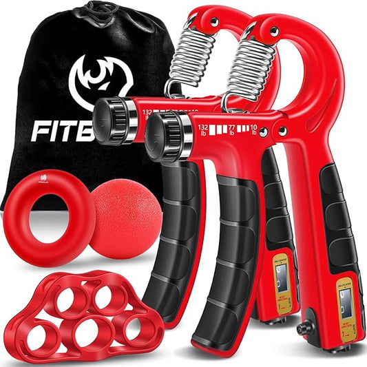 FitBeast Hand Grip Strengthener Workout Kit (5 Pack), 2 Forearm Grip Adjustable Resistance Hand Gripper, Finger Stretcher, Grip Ring & Stress Relief Grip Ball for Athletes