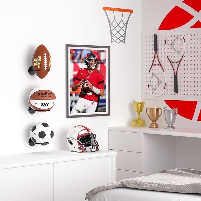 Ball Storage Holder Wall Mount: Black Room Decor for Basketball, Rugby, Soccer, Football, Baseball Display Rack - Boys Sports Accessories Organizer