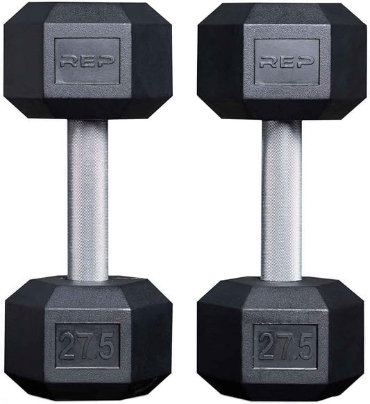 Rep Fitness Rubber Hex Dumbbell(s) - Singles (55LB +) and Pairs (5LB - 50LB) - Low Odor, Fully Knurled Handle