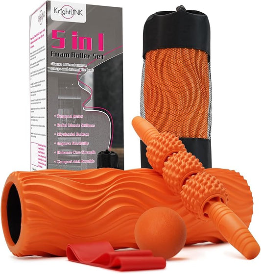 5 in 1 Foam Roller Set Muscle Massage Foam Ripple Roller for Deep Tissue Massage of The Back and Leg Muscles, Relieves Muscle Pain & Tightness, Improves Mobility (Orange)