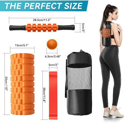 5 in 1 Foam Roller Set for Deep Tissue Muscle Massage, Trigger Point Fitness Exercise Foam Roller, Massage Roller, Massage Ball, Stretching Strap, for Whole Body (Orange Black)