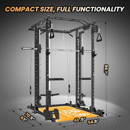 Power Cage with SmithBar, 2000 Lbs Power Rack with Cable Cross-Over System, Multi-Functional Strength Training Squat Rack with LAT Pull Down System, Weight Cage Home Gym Equipment