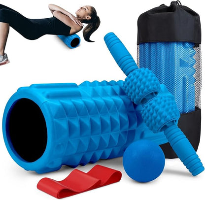 5-in-1 Foam Roller Set, Massage Roller Stick, Massage Ball, Resistance Band for Deep Muscle Massage, Trigger Point Release, Pilates, Yoga (Blue)