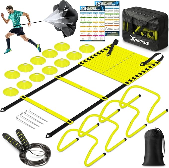 Agility Ladder Speed Training Equipment Set-20ft Agility Ladder,12 Soccer Cones,4 Hurdles, Jump Rope, Running Parachute| Basketball Football Soccer Training Equipment for Kids Youth Adults