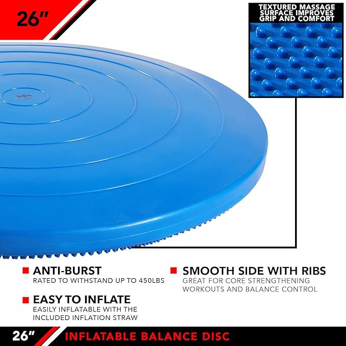 JFIT Inflatable Balance Disc - 13" or 26" Large Wobble Cushion Trainer - Durable Exercise Balance Pad for Coordination, Stability, and Core - Home, Gym, and Pet Training