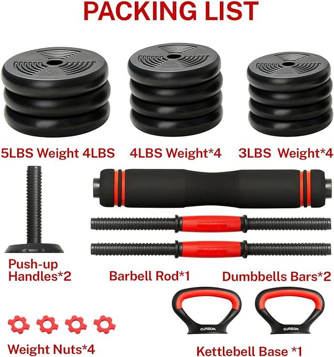 CURSOR FITNESS 4-IN-1 Adjustable Dumbbells Set 20LB Set, 50 LB