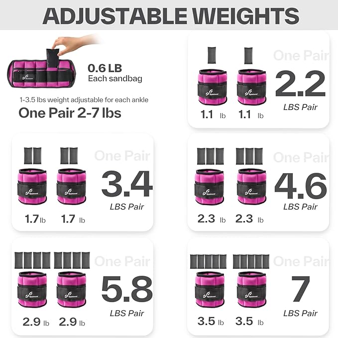 Sportneer Adjustable Ankle Weights for Women and Men 1 Pair of 2 3 4 6 7 LBS Wrist Leg Weights for Yoga Walking Aerobics Gym