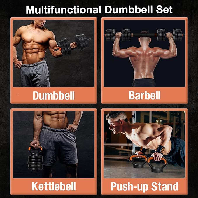 EDOSTORY Adjustable Dumbbell Set, 22/44/66/88lbs Free Weights Dumbbells for Home Gym, 4 in 1 Set, Barbell Set, Dumbbell Set, Kettlebell Set and Push-ups, Non-slip Handles, Fitness for Men Women