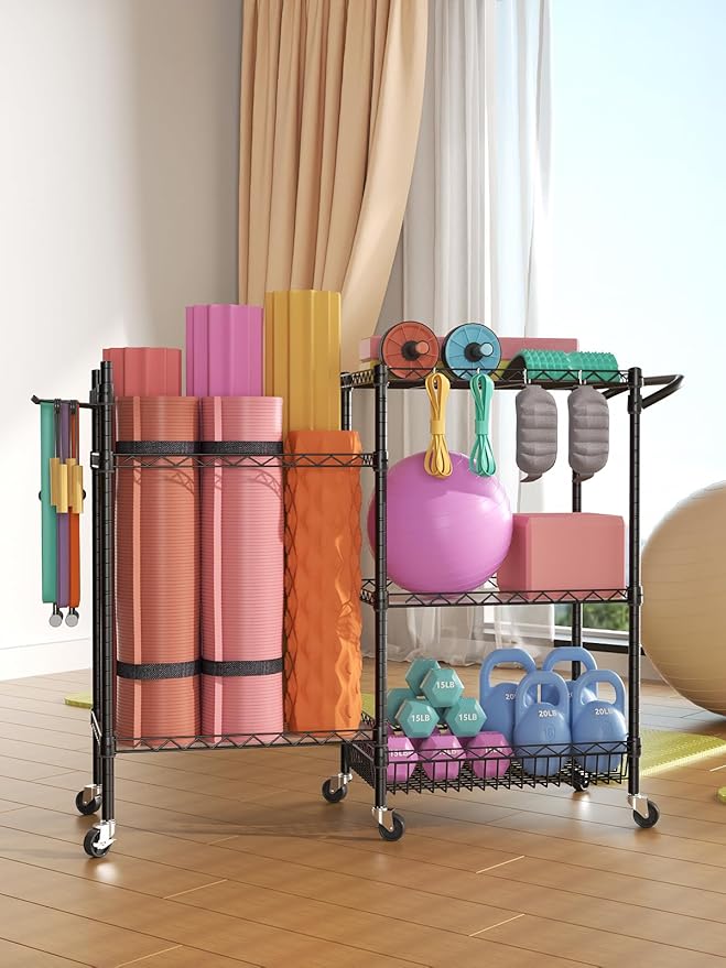 SINGAYE Dumbbell Rack, Balls Workout Equipment Storage Organizer Yoga Mat with Hooks basketball holder weight and Wheels for Organizing Workout Room, Home Gym Storage Black