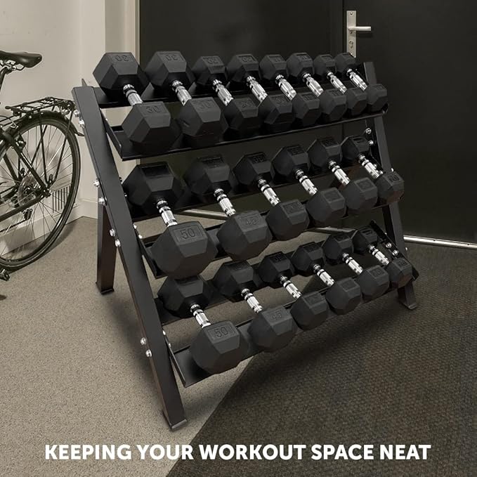 Exercise Workout Storage Dumbbell Rack For Dumbbells Fitness Metal And Rubber Weights (Dumbbell Rack 3 Tier)