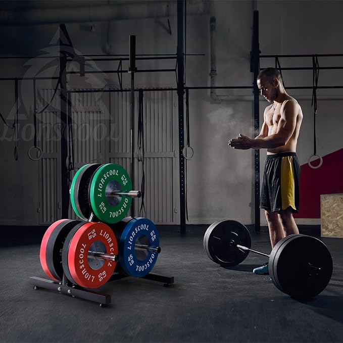 LIONSCOOL 2-Inch Olympic Weight Plate Tree and 2 Barbell Holders, Bumper Plate Storage Rack with Optional Wheels, 650LBS/1000LBS Weight Capacity Available