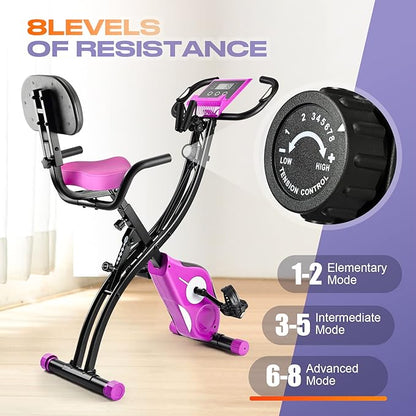 Folding Exercise Bike Portable Upright Adjustable Backrest Cycling Recumbent Stationary Bike Slim Indoor Workout Fitness Cardio Foldable Exercise Bicycle Machine with Pulse Sensor LCD Monitor Arm Resistance Bands