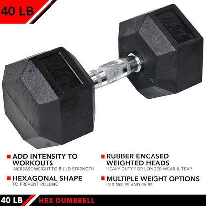 JFIT Rubber Hex Dumbbell - 15 Size, Single and Pair Options, 4-50lbs - Shaped Heads Prevent Rolling and Injury - Ergonomic Hand Weights for Exercise, Therapy, Muscle, Strength and Weight Training