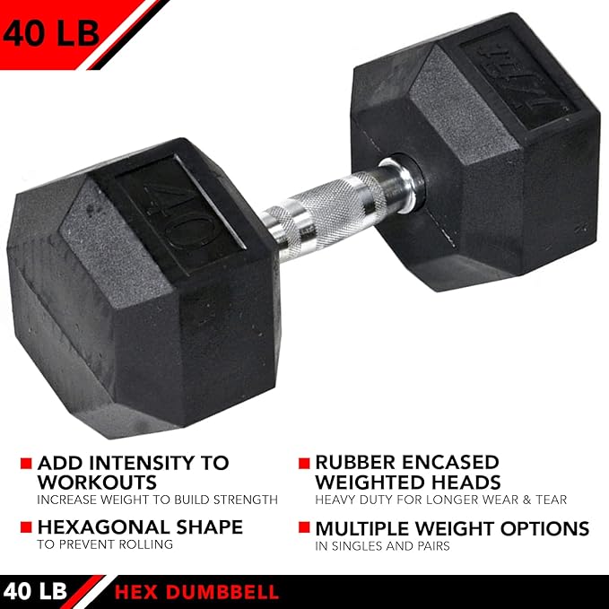 JFIT Rubber Hex Dumbbells - 8 Size Options - Hex Shaped Heads Prevent Rolling and Injury - Ergonomic Hand Weights for Exercise, Muscle, Strength and Weight Training