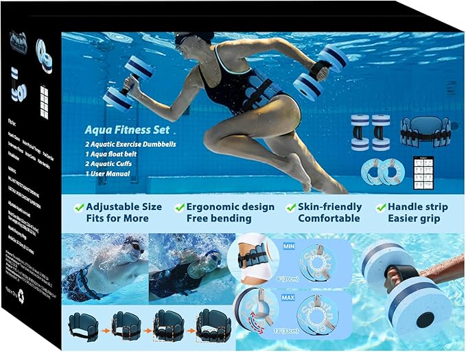 Sportneer Water Aerobics Pool Exercise Equipment New 6-Piece Water Fitness Set Includes High Density Water Weight Swim Belt Water Ankle Weights for Aqua Therapy Pool Fitness Water Exercise