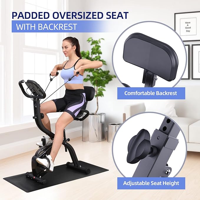 Foldable Exercise Bike Stationary Bike, Sportneer 4 in 1 Indoor Cycling Bike with 16 Level Magnetic Resistance Training Bike with Arm Resistance Band PVC Floor Mat Fitness Bike for Home Gym Workout