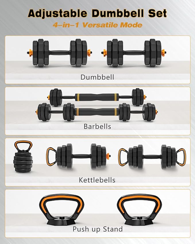 HTK Adjustable Weight Dumbbell Set - 4 in 1 Free Weight Set with Connector - Dumbbells, Barbells, Kettlebells, Push-Up Bars for Full Body Workout and Muscle Toning