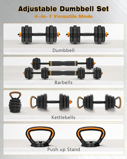 HTK Adjustable Weight Dumbbell Set - 4 in 1 Free Weight Set with Connector - Dumbbells, Barbells, Kettlebells, Push-Up Bars for Full Body Workout and Muscle Toning