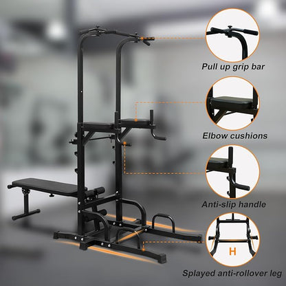 Power Tower with Bench, Pull Up Bar Dip Station with Adjustable Height, Training Workout Equipment, Foldable Heavy Duty Full Body Strength Training Power Tower