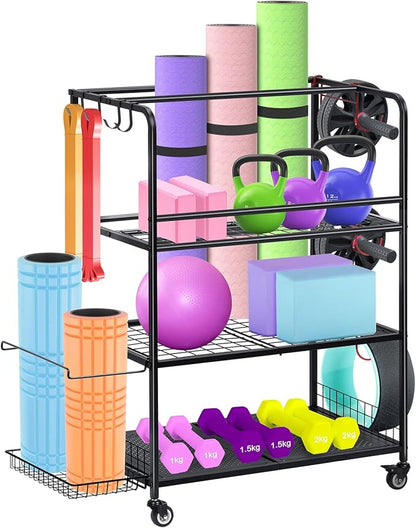 Home Gym Storage Rack, Yoga Mat Storage Racks Workout Storage Weight Rack for Dumbbells Kettlebells Foam Rollers Yoga Strap Resistance Bands, Fitness Equipment with Hooks and Wheels