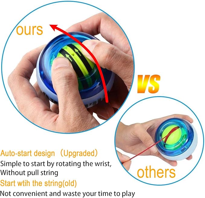 Wrist Trainer Ball,Wrist&Forearm Strengthener Essential Push-Start Spinner Gyro Ball with LED Lights,No Start Pull String (Without Digital LCD Counter)