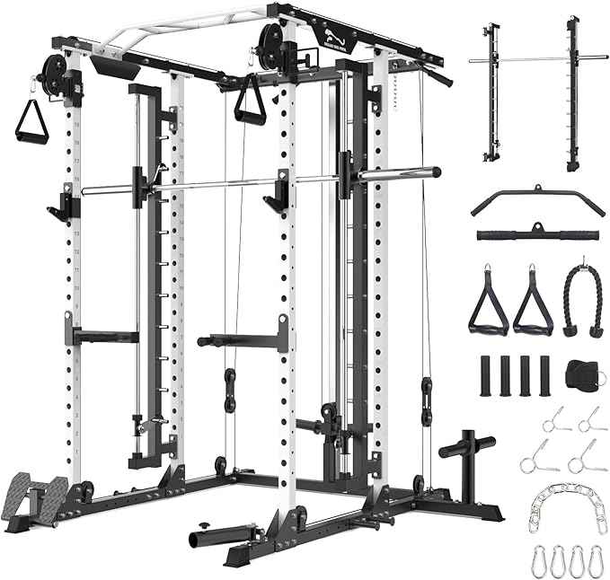 Power Cage with SmithBar, 2000 Lbs Power Rack with Cable Cross-Over System, Multi-Functional Strength Training Squat Rack with LAT Pull Down System, Weight Cage Home Gym Equipment