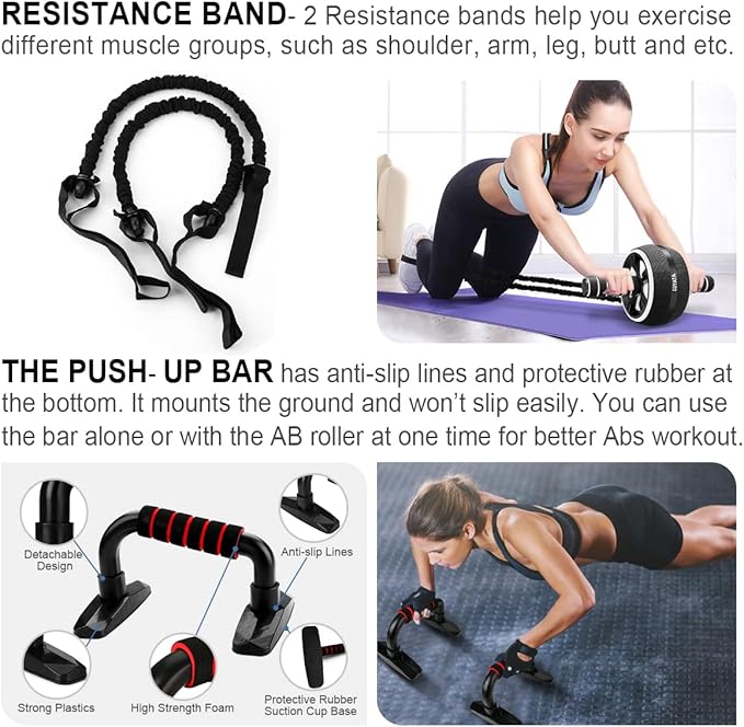 Ab Roller Wheel, 10-In-1 Ab Exercise Wheels Kit with Resistance Bands, Knee Mat, Jump Rope, Push-Up Bar - Home Gym Equipment for Men Women Core Strength & Abdominal Exercise