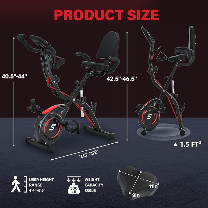 Folding Exercise Bike with Arm & Leg Band, Foldable Stationary Bike for Seniors, Recumbent Exercise Bike for Home, Pluse Sensor, Back Rest, Large Seat, 330lbs Max Weight