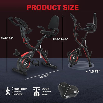 Folding Exercise Bike with Arm & Leg Band, Foldable Stationary Bike for Seniors, Recumbent Exercise Bike for Home, Pluse Sensor, Back Rest, Large Seat, 330lbs Max Weight