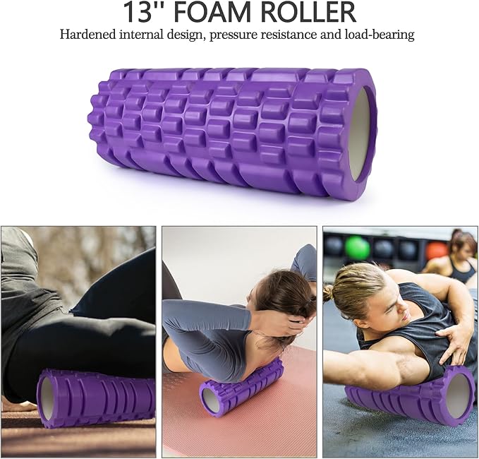 5 in 1 Foam Roller Set Trigger Point Foam Roller Patented, Massage Roller Stick, Massage Ball, Stretching Strap for Deep Muscle Massage Pilates Yoga, Fitness Exercise for Whole Body (Purple)