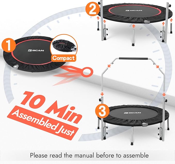 BCAN 40/48" Foldable Mini Trampoline Max Load 330lbs/440lbs, Fitness Rebounder with Adjustable Foam Handle, Exercise Trampoline for Adults Indoor/Garden Workout