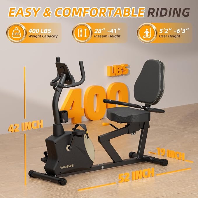 VANSWE Recumbent Exercise Bike for Adults Seniors - Recumbent Bikes for Home with Magnetic Resistance, Bluetooth and App Connectivity, Pulse Sensor