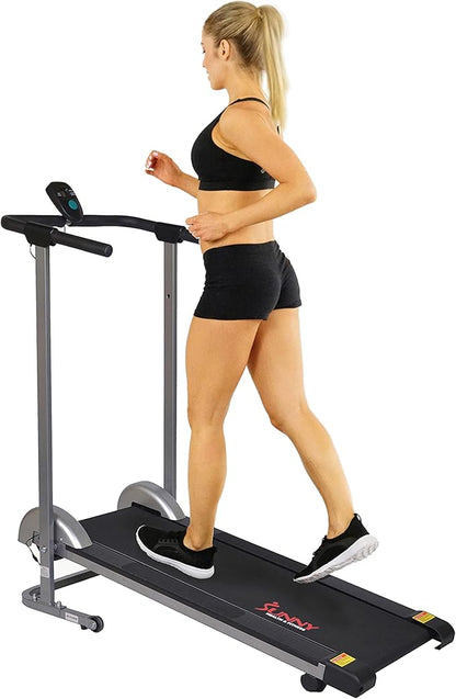 Sunny Health & Fitness Manual Walking Treadmill, Non-Electric, Foldable & Compact Design, Quiet Tread Pad, Transportation Wheels, Non-Slip Handlebars, Digital Monitor for Apartment, Gym, Home Office